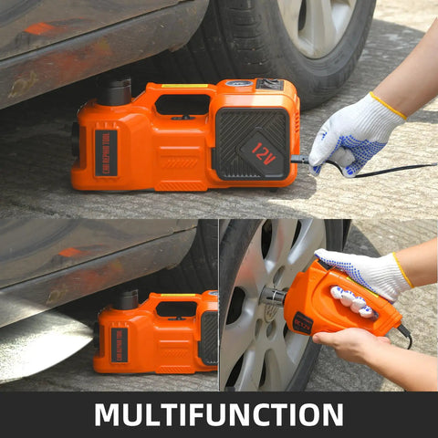 5 Ton 12V Electric Hydraulic Car Jack Kit 5 In 1 Portable Lift With Tire Inflator, Impact Wrench, LED Light, Auto Stop Safety Lock For SUV And MPV in use by roadside