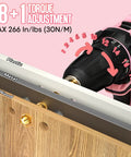 Close-up of torque adjustment on Pink 247-Piece 20V Cordless Drill Kit for Women with labeled drill bit materials.