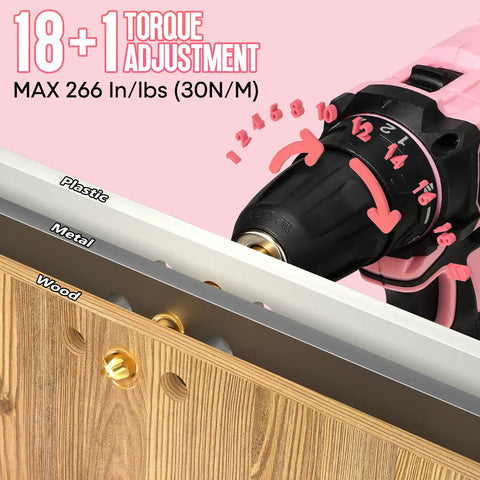 Close-up of torque adjustment on Pink 247-Piece 20V Cordless Drill Kit for Women with labeled drill bit materials.