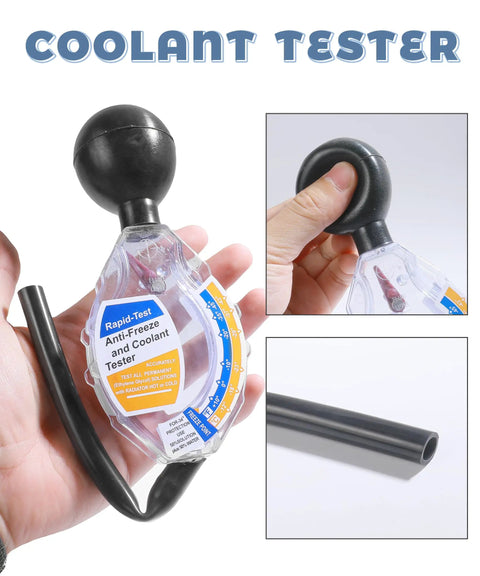 Heavy Duty Dial Coolant Tester And Antifreeze Hydrometer Gauge For Domestic Rides quick coolant check tool held in hand.