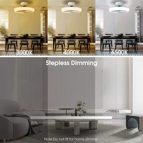 Low Profile Ceiling Fan With Light Enclosed Flush Mount Bladeless Smart Ceiling Fan showing 3 color temperatures and dimming.