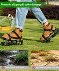 Spring Loaded Lawn Aerator Shoes With Velcro Straps One Size Fits All Self Cleaning No Installation Aerating Shoes in use on lawn