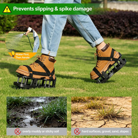 Spring Loaded Lawn Aerator Shoes With Velcro Straps One Size Fits All Self Cleaning No Installation Aerating Shoes in use on lawn