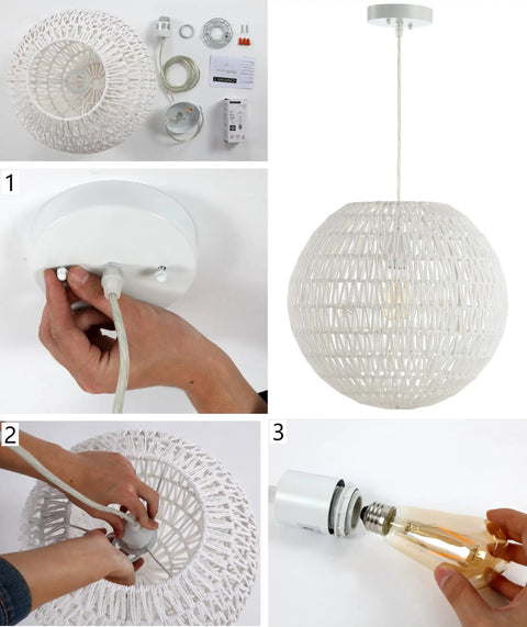 Assembly guide for Black 15.75 Inch 1 Light Dope Modern Bohemian Woven LED Pendant Light with paper wicker shade and components