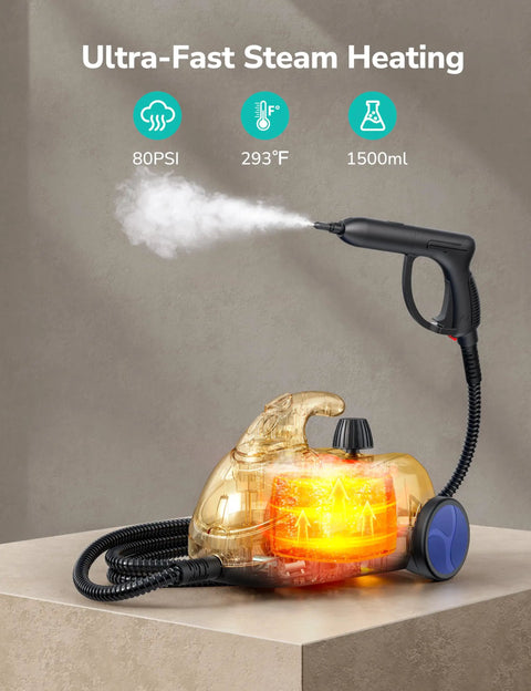 Heavy Duty Steam Cleaner With 21 Attachments, 293 Fahrenheit Steam Mop For Home And Car, 50 Oz Tank on a table with steam nozzle.