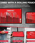 25 Piece Punch And Chisel Set with Roll Pin Punches displayed in a red nylon pouch with dimensions and features highlighted