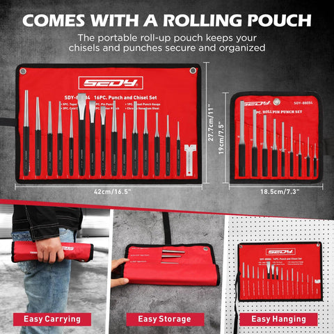 25 Piece Punch And Chisel Set with Roll Pin Punches displayed in a red nylon pouch with dimensions and features highlighted
