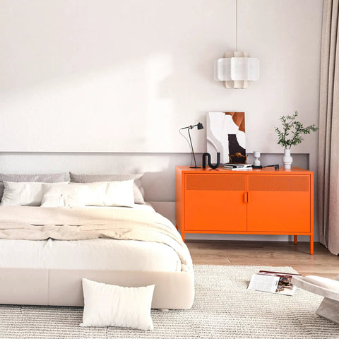 Orange Metal Storage Cabinet With Adjustable Shelves, 2 Door Locker for Home Office Studio next to bed in modern bedroom