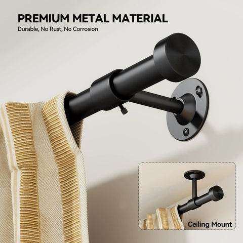 Heavy Duty Adjustable Curtain Rod 32 To 150 Inches Black 1 Inch Diameter Extra Long Window Rods With Aluminum Finials Telescoping Design And Easy Install For Wide Windows showing black wall mounting and ceiling mount options
