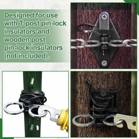 Set of 10 Piece T Post Gate Hook for Electric Fence, showing pin lock insulators on wood and metal posts, galvanized steel.
