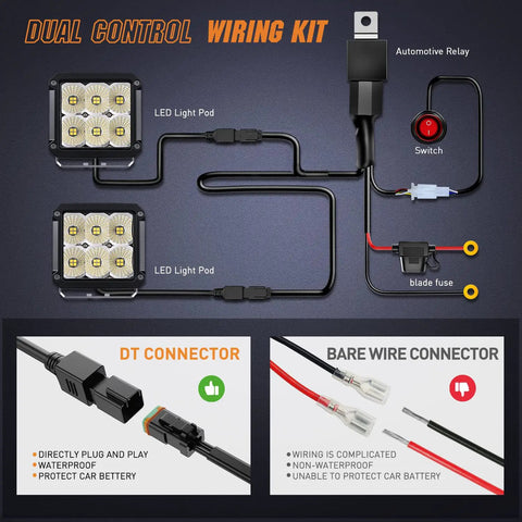 Diagram of 2 Pack 4 Inch LED Pod Lights 120W Each 13500LM Beast Bright Flood Beam 120 Degree with wiring harness and DT connector