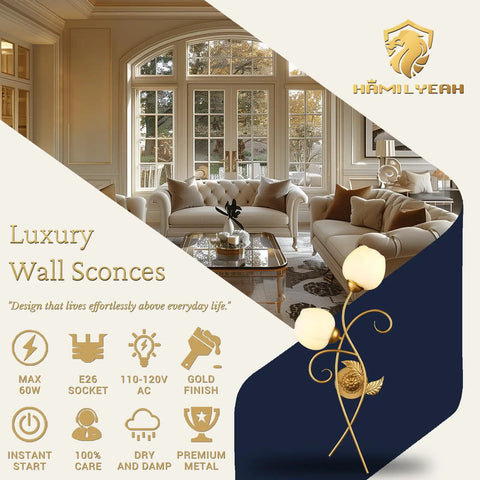 Luxury wall sconces with gold finish and floral design, elegant living room setting, text overlays with product features.