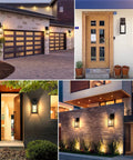 2 Pack Outdoor Wall Light Fixtures Exterior Waterproof Anti Rust Glass Shades Matte Black Porch Sconces For Patio Front Door Garage Wall Mounted Lighting E26 Modern Sconces Built Tough No Fuss Easy Install shown illuminating various modern homes.