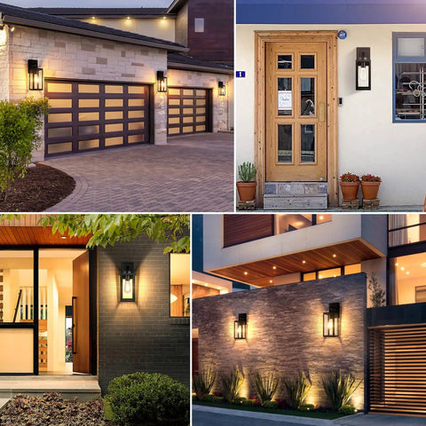2 Pack Outdoor Wall Light Fixtures Exterior Waterproof Anti Rust Glass Shades Matte Black Porch Sconces For Patio Front Door Garage Wall Mounted Lighting E26 Modern Sconces Built Tough No Fuss Easy Install shown illuminating various modern homes.