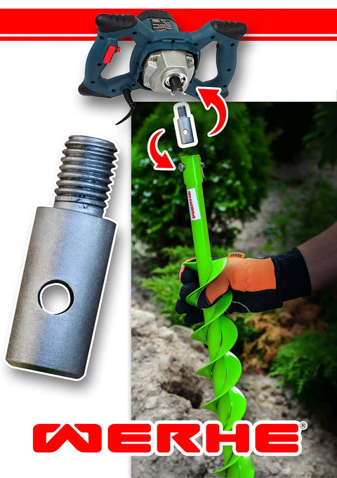 Go-To Earth Drill Adapter With M14 Thread For Concrete Mixers and Auger Drills in use with spiral drill bit outdoors