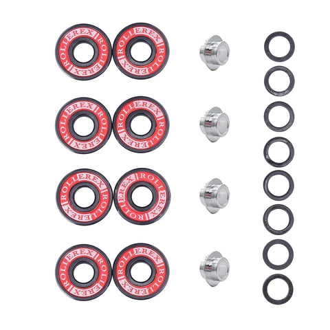 Inline Skate Wheels 80mm 24mm Deep Sea Blue four pack with bearings, spacers, washers laid out for indoor and outdoor roller blades