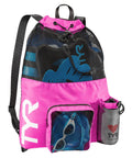 Pink Big Mesh Mummy Backpack for Wet Swim Gear, Gym, and Beach Workout Essentials, visible from the front with pockets and mesh design