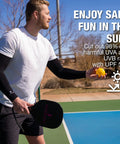 Man wearing Cooling Arm Sleeves For Men And Women With Breathable Moisture Wicking Fabric Sun Protection For Sports swinging a racquet