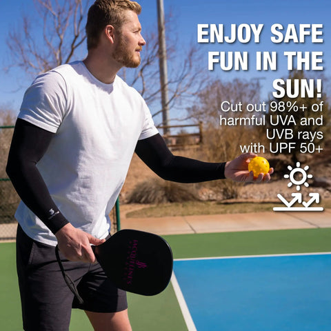Man wearing Cooling Arm Sleeves For Men And Women, Breathable Moisture Wicking Sun Protection For Sports on tennis court
