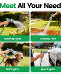 Garden Retractable Hose Reel With Slow Return System watering plants, cleaning floor, bathing pet, and washing car.