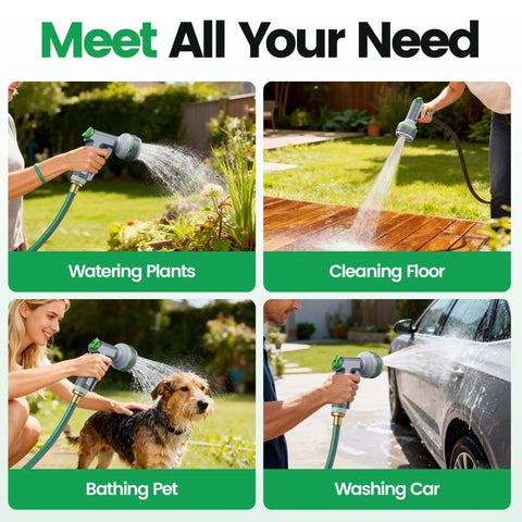 Garden Retractable Hose Reel With Slow Return System watering plants, cleaning floor, bathing pet, and washing car.