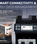 High Speed Cash Counter Machine For Mixed Denominations And Bills Up To 1500 Notes Per Minute With Advanced UV MG IR Sensor Technology showing connectivity ports.