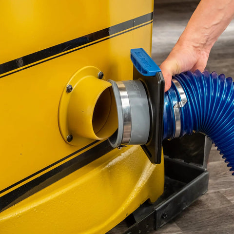 4 Inch To 4 Inch Tool Blast Gate Self Cleaning Power Tool Dust Collection Accessory with blue hose connected to yellow port
