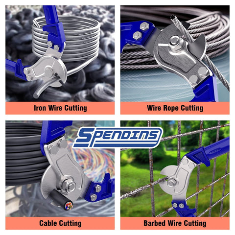 Close-up of 18 Inch Heavy Duty Wire Rope Cutter With Ergonomic Handle Design Beefy Blades in action on various wires