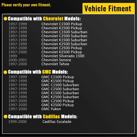 Vehicle fitment chart for Premium Heavy Duty Power Brake Booster Direct Fit Replacement For Chevrolet C1500 K1500 GMC Suburban Tahoe 97 To 01.