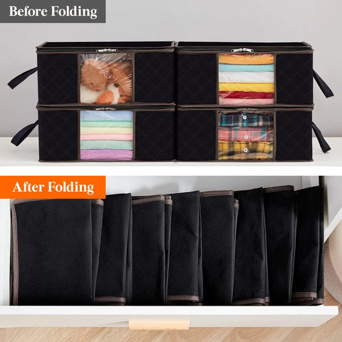 Six Pack Foldable Clothes Storage Bins With Clear Window And Reinforced Handles Durable Fabric Closet Organizer shown folded and unfolded
