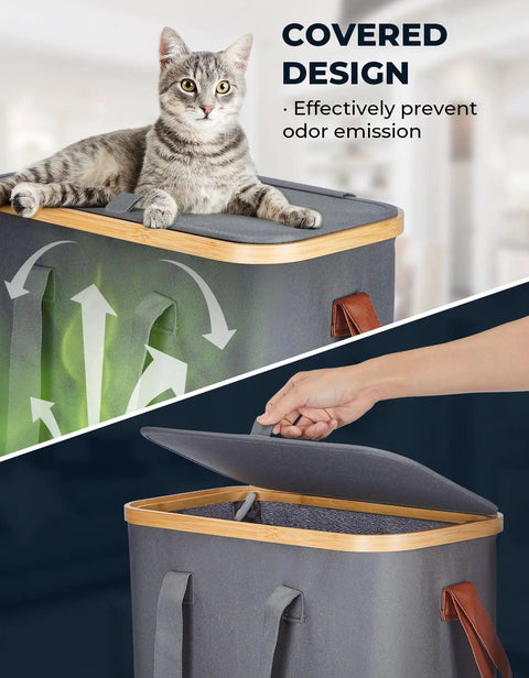 Slim Laundry Basket With Lid Collapsible Narrow Hamper With Removable Washable Bag Made Of Bamboo And Oxford Fabric 52L Gray
