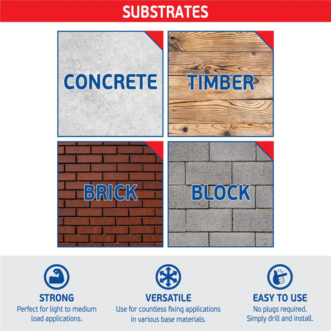 Image showing substrates for Blue Concrete Screw Kit with 240 piece set, including concrete, timber, brick, and block surfaces.