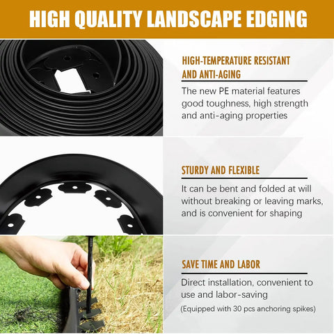 Heavy Duty Black Landscape Edging 2 Inches Tall 33 Feet Long All In One Kit With 30 Anchoring Spikes And 5 Connectors features