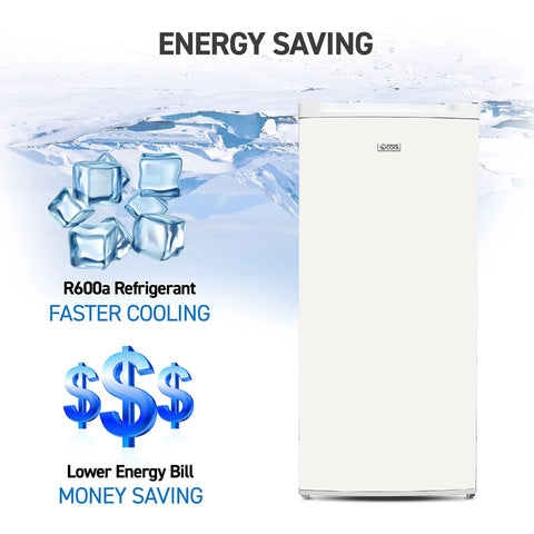 Stand Up Freezer With Reversible Door 5 Cubic Feet upright unit showcasing faster cooling with R600a refrigerant and energy savings.