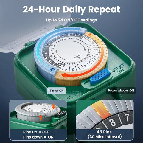Heavy Duty Outdoor Power Stake Timer With Six Weather Resistant Outlets Mechanical Dial Schedule Keeper For Pond Pumps And Yard Gear showing 24-hour dial with 48 pins.