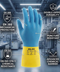 Heavy Duty 20 Mil Neoprene Latex Blend Work Gloves With Knockout Non Slip Palm Grip And Cozy Cotton Flock Lining For Tough As Nails Industrial Jobs And Reliable Chemical Safety Handling Large, blue puncture resistant glove.
