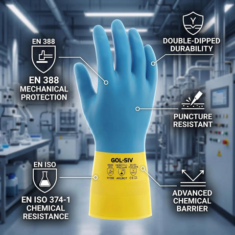 Heavy Duty 20 Mil Neoprene Latex Blend Work Gloves With Knockout Non Slip Palm Grip And Cozy Cotton Flock Lining For Tough As Nails Industrial Jobs And Reliable Chemical Safety Handling Large, blue puncture resistant glove.