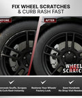 Before and after comparison of Matte Black Rim Touch Up Paint And Wheel Scratch Repair Kit fixing curb rash on alloy wheels.