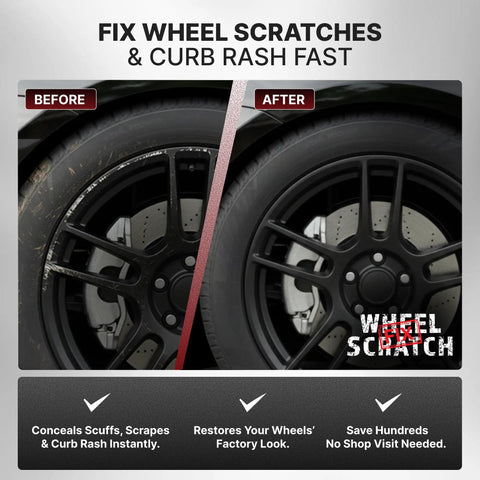Before and after comparison of Matte Black Rim Touch Up Paint And Wheel Scratch Repair Kit fixing curb rash on alloy wheels.