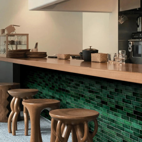 Kitchen area with Peel And Stick Backsplash Tile Kit For Kitchen And Bath, Five Easy Sheets, green 3D adhesive tiles under counter.