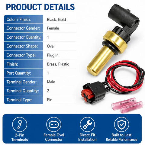 Beat The Heat Engine Coolant Temperature Sensor With Wiring Harness Connector showing brass probe and plastic connector for vehicles.