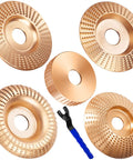 5 Piece Wood Carving Disc Set For 4 Inch Or 4.5 Inch Angle Grinders With Five Eighths Inch Arbor Universal Wrench Includes Reducing Bushing To Fit M10 And Wood Shaping Cutting Wheels And Grinding Disks For DIYers displayed