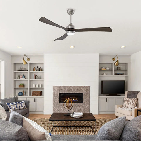 Neojoyoenix 62" 3PCS Solid Wood Blades Ceiling Fan with Lights Remote Control in a modern living room setting.