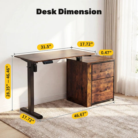 Smooth Electric Sit Stand Desk Offers Effortless Motorized Height Adjustment For Ultimate Ergonomic Home Office Setup With Roomy 46 Inch Surface For Monitors And Laptops dimensions shown with detailed measurements.