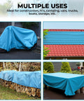 Heavy Duty Waterproof Tarp 20x30 Feet 12 Mil Thick Blue UV Resistant Multipurpose Cover For Camping Tent Boat RV Car Pool Use With Metal Grommets And Rip Resistant Tough Outdoor Shield covering motorcycle, roof, firewood, and table.
