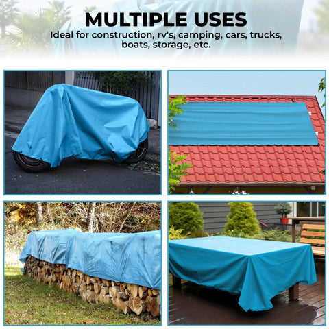 Heavy Duty Waterproof Tarp 20x30 Feet 12 Mil Thick Blue UV Resistant Multipurpose Cover For Camping Tent Boat RV Car Pool Use With Metal Grommets And Rip Resistant Tough Outdoor Shield covering motorcycle, roof, firewood, and table.