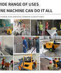 Portable Cement Mortar Spray Machine Wall Plaster Sprayer in action on construction site with workers and various uses.