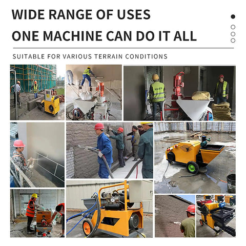 Portable Cement Mortar Spray Machine Wall Plaster Sprayer in action on construction site with workers and various uses.