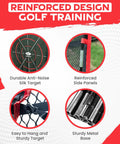 Reinforced features of 10x7ft Heavy Duty Golf Hitting Net With Swing Path Mat And Turf Insert For Backyard And Garage Practice.