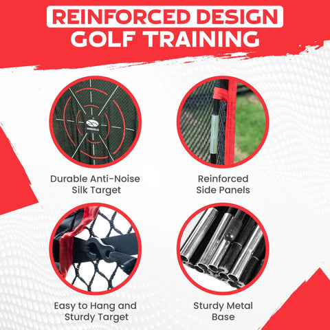 Reinforced features of 10x7ft Heavy Duty Golf Hitting Net With Swing Path Mat And Turf Insert For Backyard And Garage Practice.
